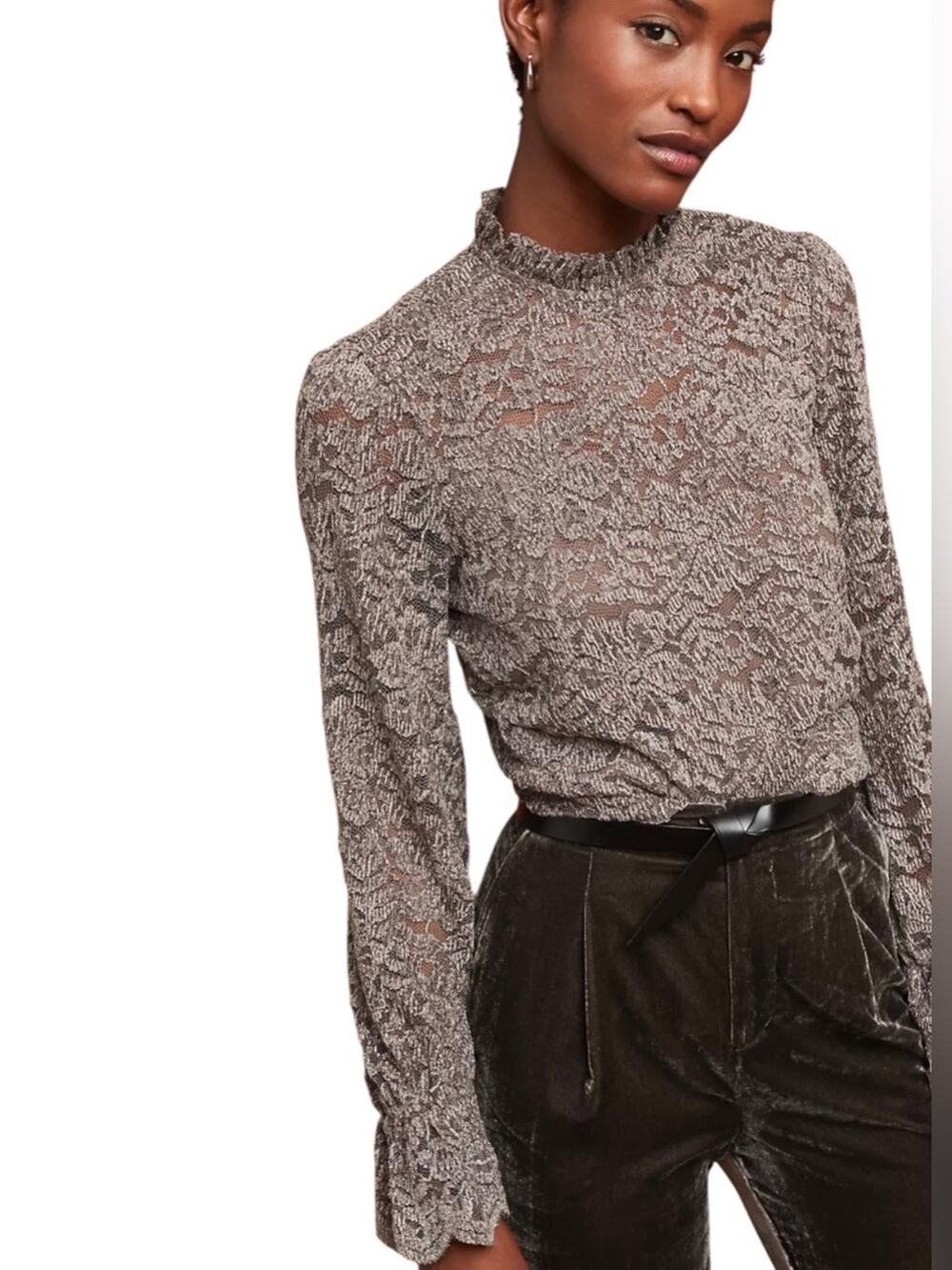 Eri + Ali Womens Metallic Lace Mock Neck Ruffle Top‎ Taupe Brown Size M